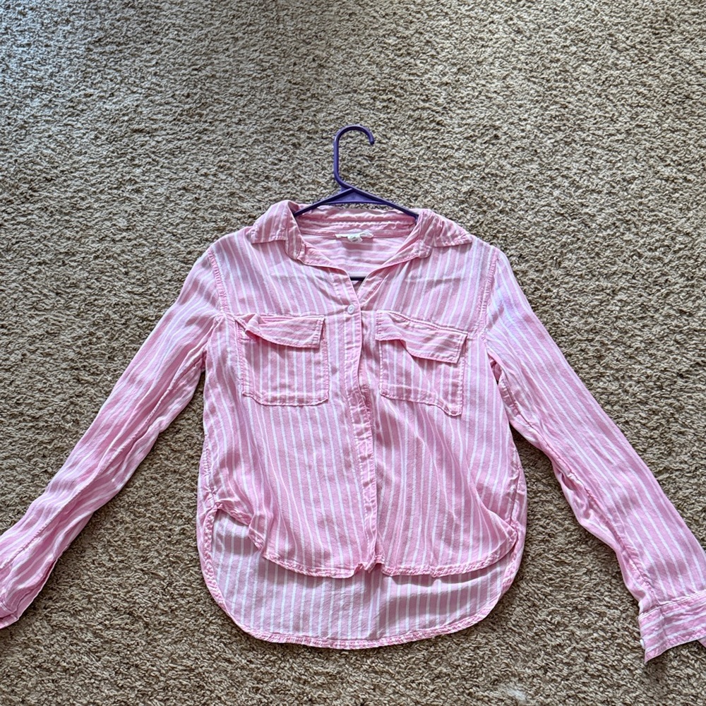 beachlunchlounge Kids Pink and White Striped Button Down Shirt